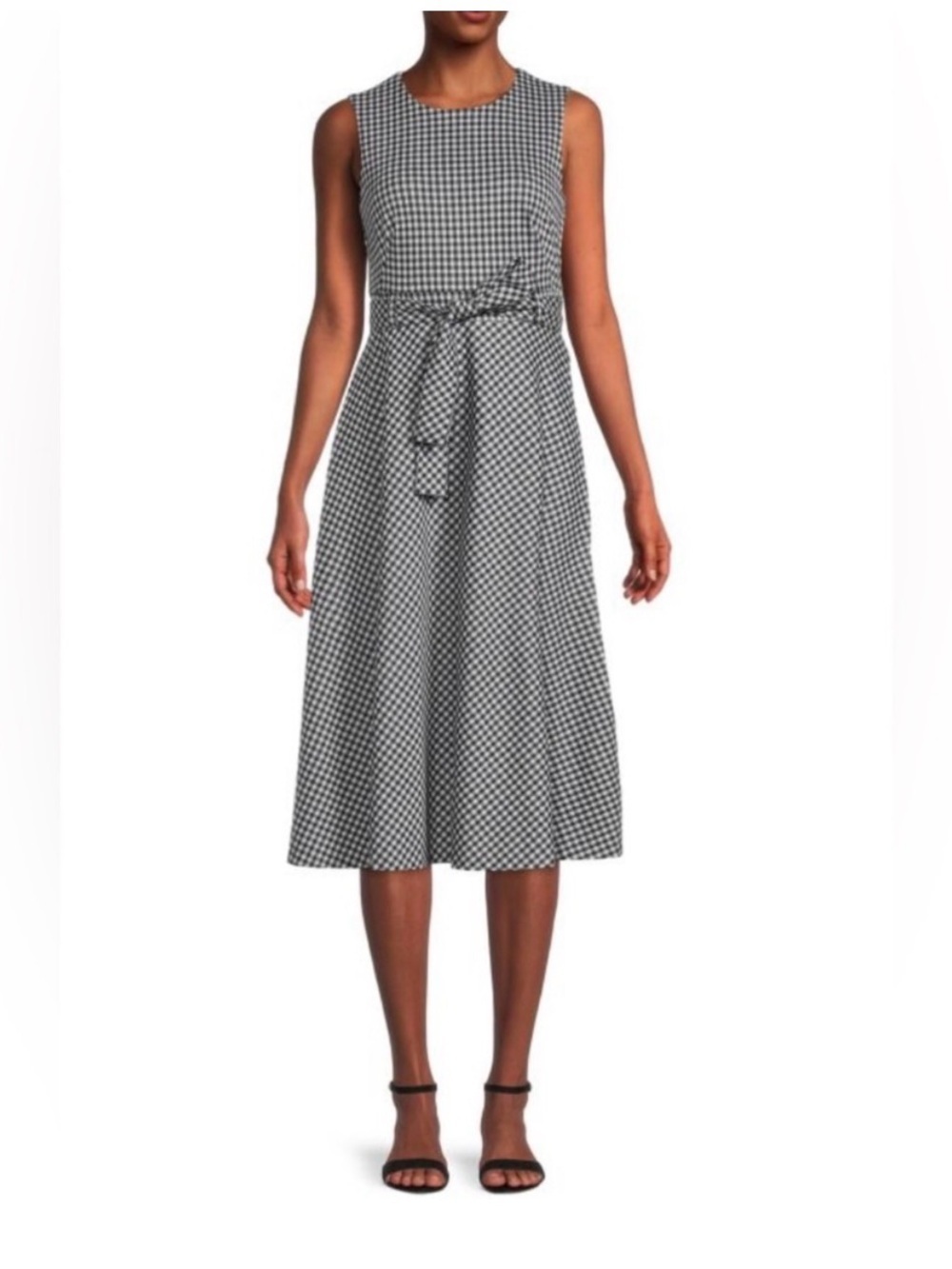 CALVIN KLEIN Gingham Sleeveless Belted Fit & Flare Midi Dress Size 2